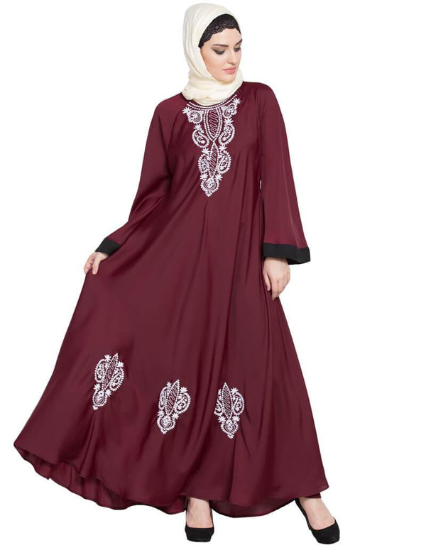 Chic Hand embroidered Umbrella Nida Abaya  Maroon